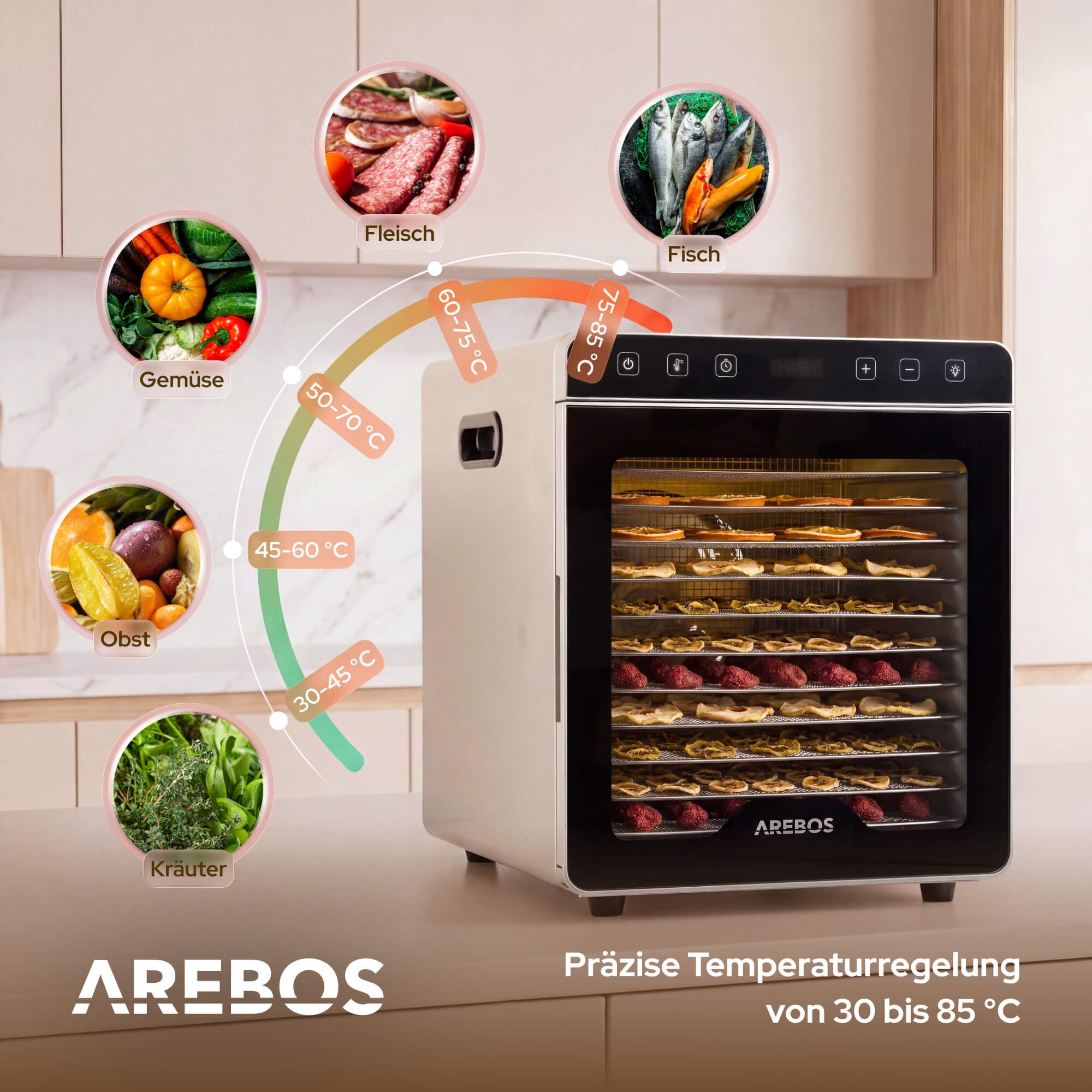 Arebos Dörrautomat Edelstahl 800W | Dehydrator mit 12 Gittern & 29L | Dörrgerät für Obst, Gemüse, Kräuter, Pilze, Fleisch & Fruchtleder | LED-Innenbeleuchtung | Touchdisplay | 30-85°C | 24h Timer
