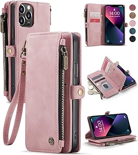 Defencase for iPhone 13 Pro Case, iPhone 13 Pro Case Wallet for Women Men, Durable PU Leather Magnetic Flip Lanyard Strap Wristlet Zipper Card Holder Phone Case for iPhone 13 Pro [6.1 inch], Rose Pink