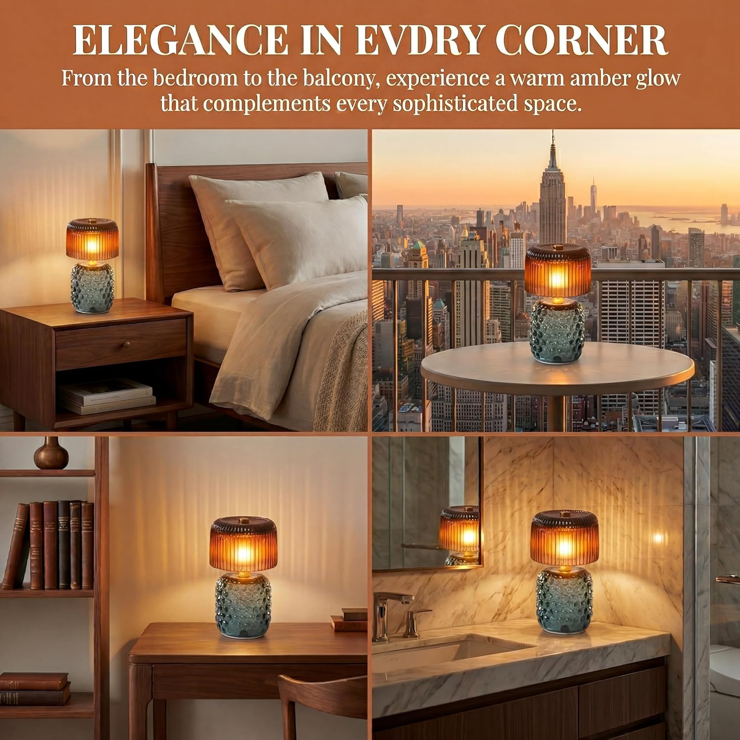 Battery Powered Table Lamp, Pressed Glass Shade, Portable Desk Lamp, Brushed Nickel, Modern Style, Warm White LED, for Bedroom and Office (Blue+Brown)