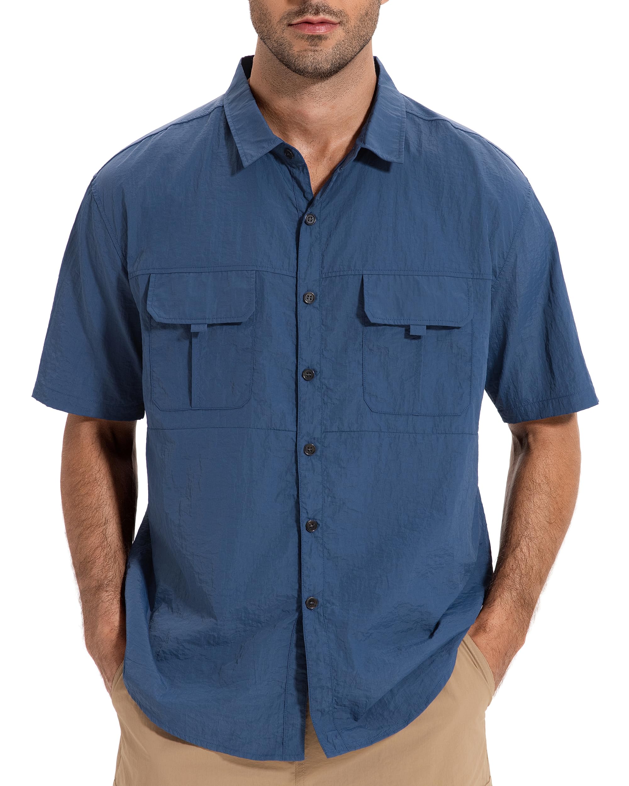 AMZSPORT Camisa de Senderismo Transpirable para Hombre Corte Holgado con Bolsillos Manga Corta Informal para MontañIsm，Pesca, Viajes, Safari