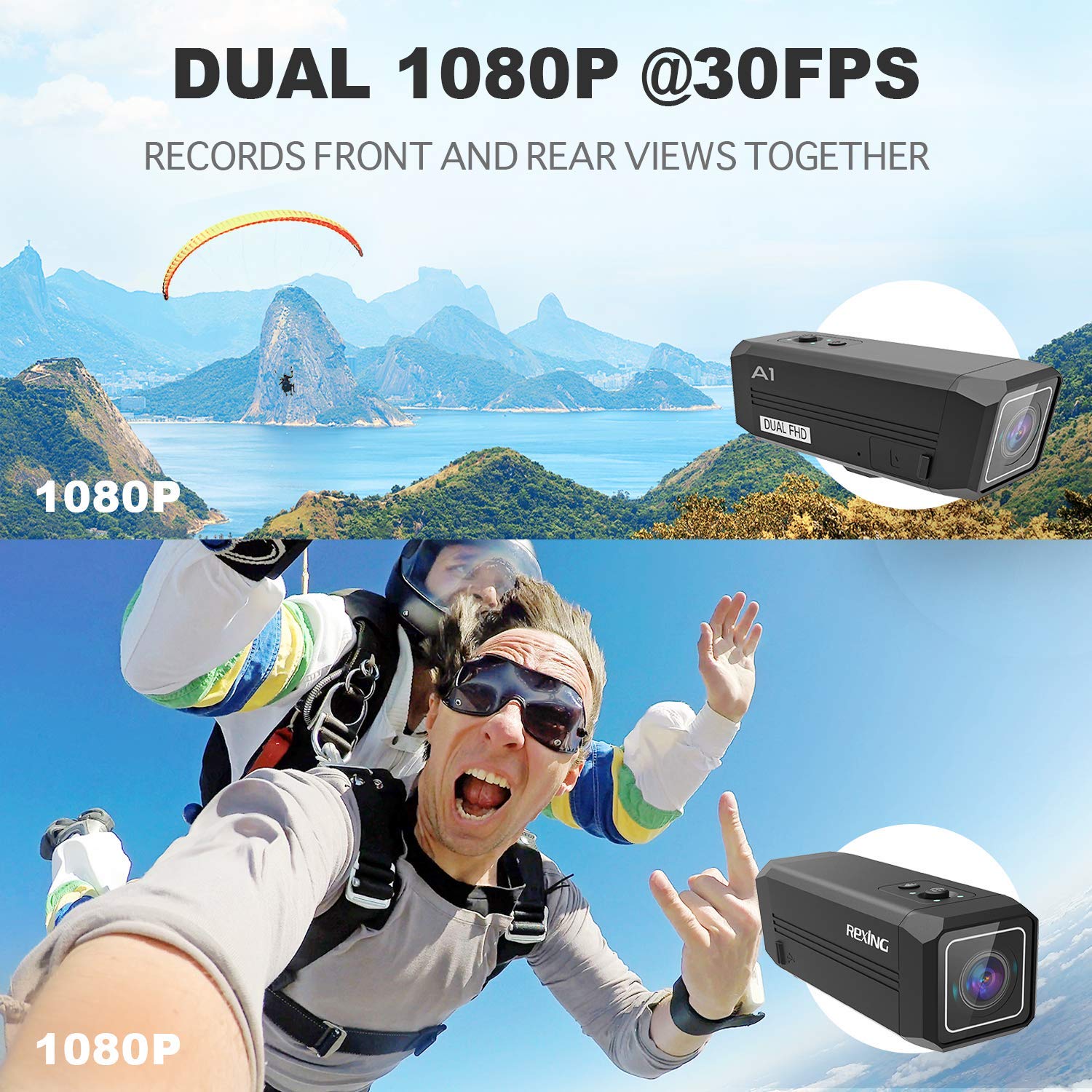 REXING A1 Two Way 2.7K Action Camera Front & Back 1080p@30fps w/WiFi/Wide Angle/Wrist Remote Control/Waterproof Extreme Sports Camcorder for Motorcycles/Bicycle/Sport Bike/Hiking/Cars
