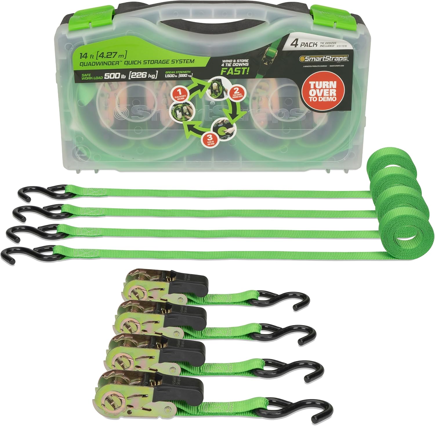 SMARTSTRAPS - 101W QuadWinder 14’ Padded Ratchet Tie Down, Green (4pk) - Patented Self-Loading Storage Case - 1,500lb Break Strength, 500lb Safe Work Load – Haul Lighter Loads Like ATV’s, Mowers and More