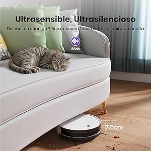 Imagen de un gato a lado del robot aspirador OKP K5 con WiFi App Alexa Control