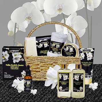 Bath and Body Gift Basket for Women Orchid & Jasmine Home Spa Set with Body Scrubs, Lotions, Oils, Gels and More - Care Package for Women & Men - 9 Piece Womens Gifts Set