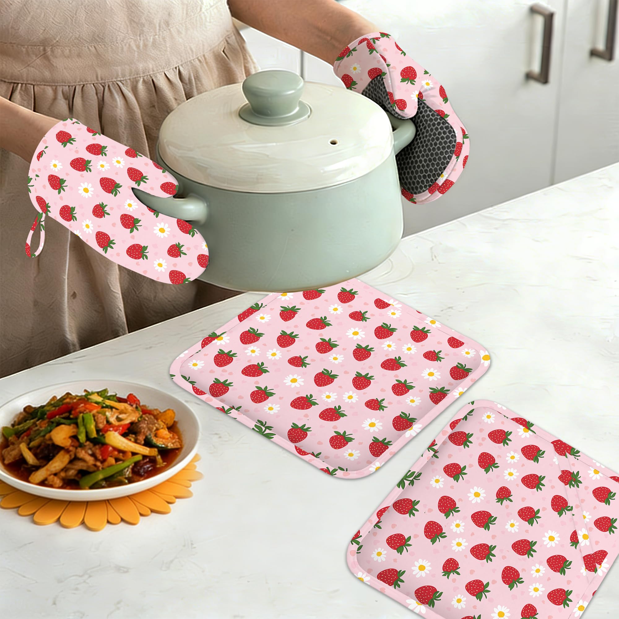 Juego de 4 manoplas de horno y soportes para ollas, diseño floral de fresa, guantes de cocina resistentes al calor con silicona antideslizante para hornear, cocinar, barbacoa