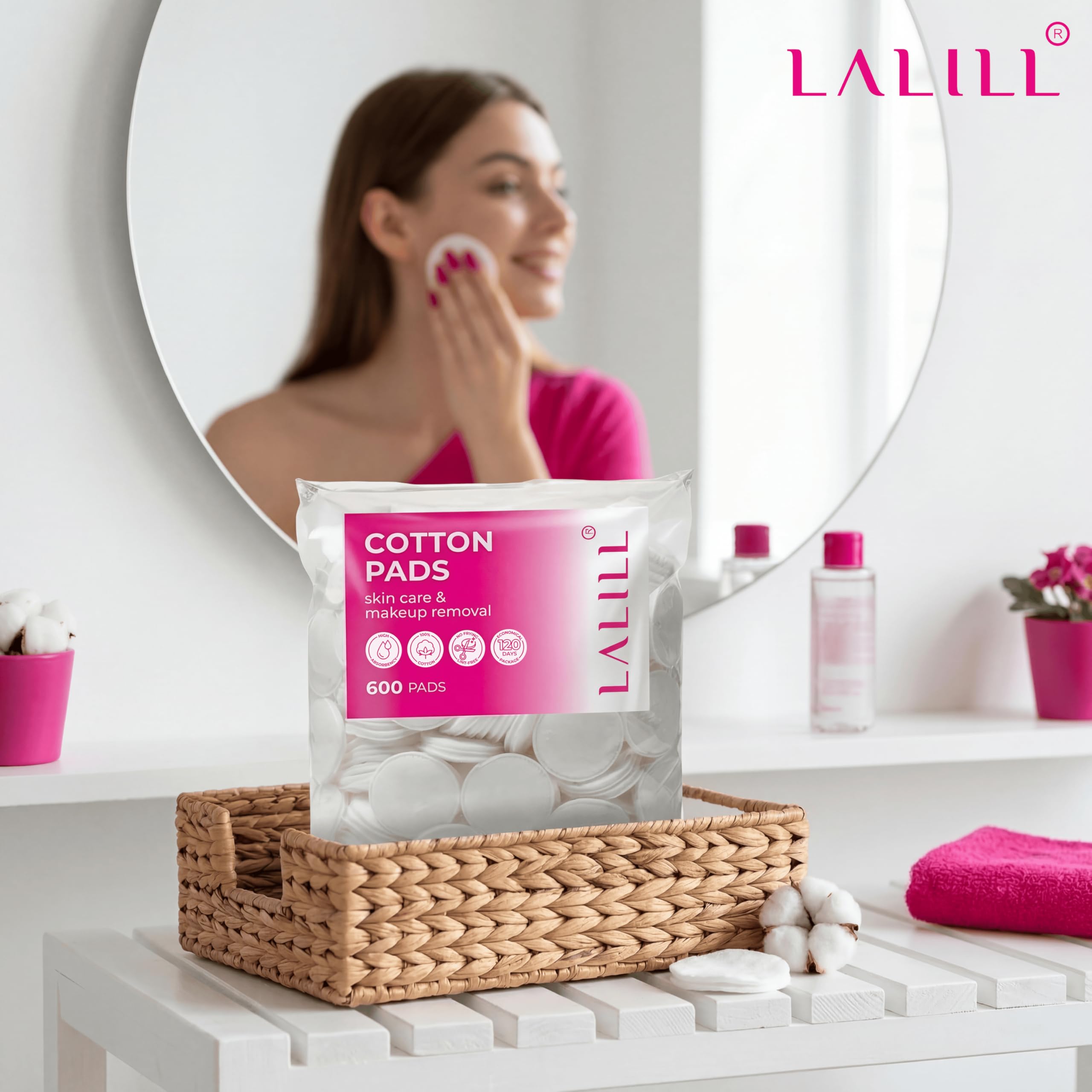 LALILL Discos Desmaquillantes de Algodón 600 uds – Almohadillas Faciales Suaves Sin Pelusa para Pieles Sensibles, Rostro y Ojos, Limpieza Facial, Uso Profesional - 100% Algodon