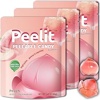 Peelit Peelable Peach Gummy Candy, 3D Peeling Soft Gummies with Real Fruit Juice, Sweet Edible Skin Chewy Sweets, Non-GMO & Fat-Free, Viral TikTok Trend Snack for Kids, Party & Gifts, Individually Wrapped (Peach, 3 Packs)