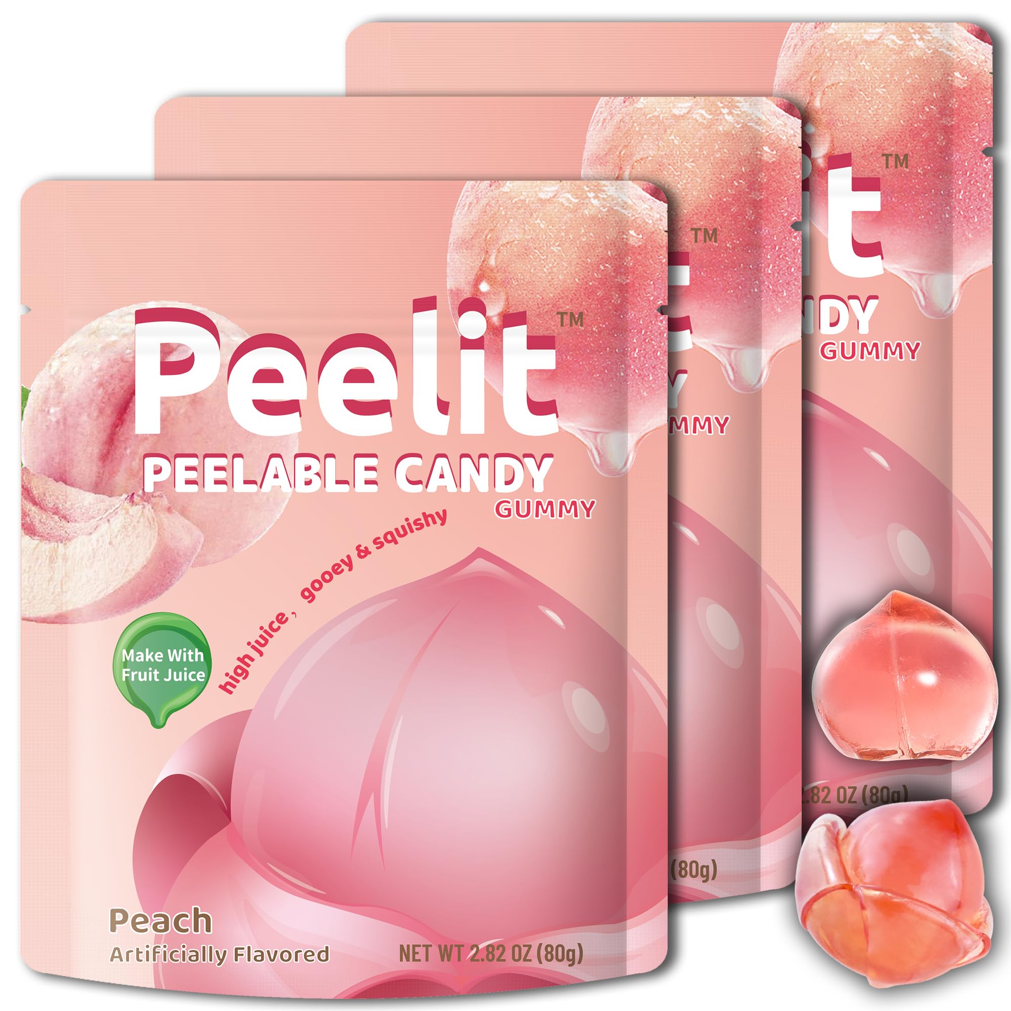 Peelable Peach Gummy Candy, 3D Peeling Soft Gummies with Real Fruit Juice, Sweet Edible Skin Chewy Sweets, Non-GMO & Fat-Free, Viral TikTok Trend Snack for Kids, Party & Gifts, Individually Wrapped (Peach, 3 Packs)