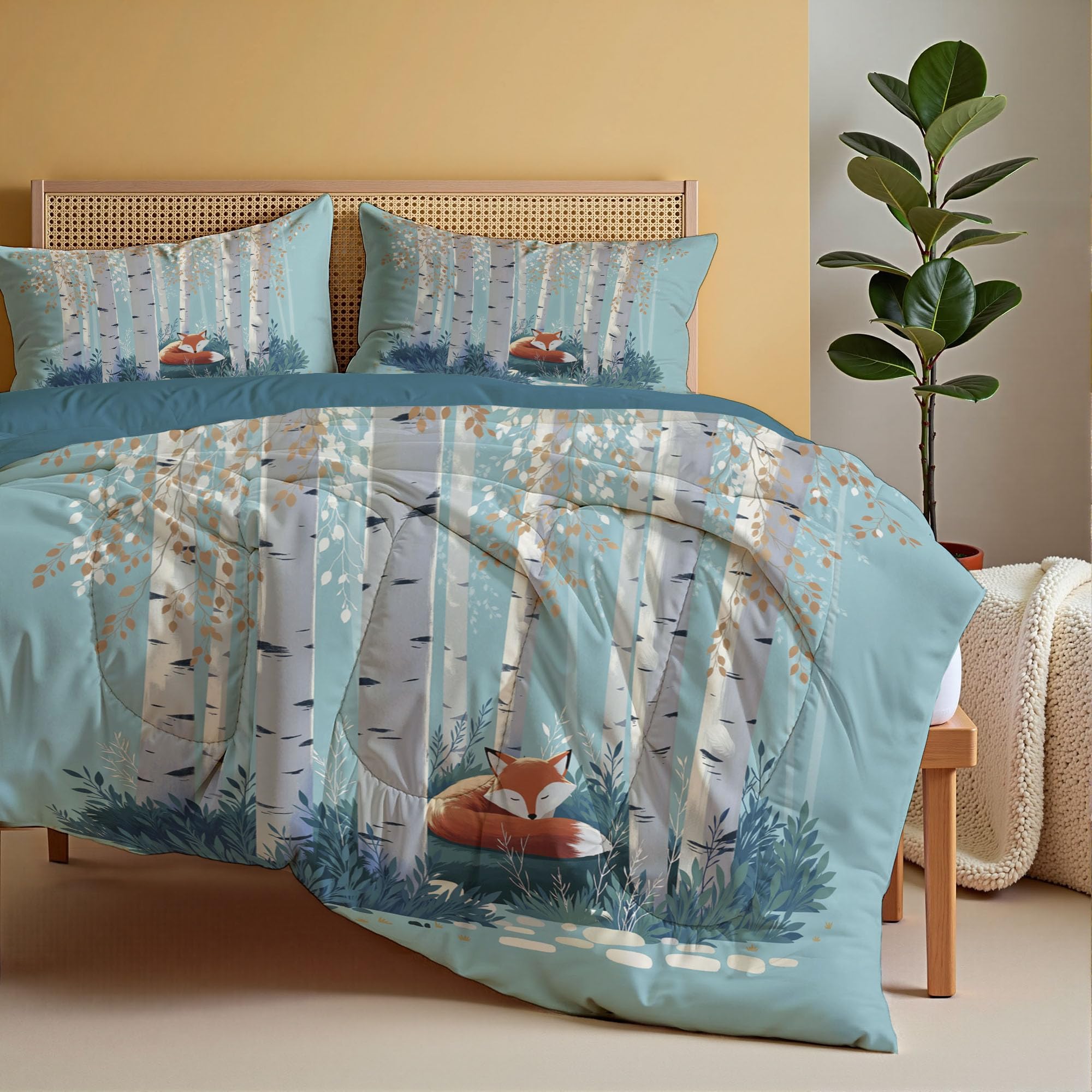 Juego de Edredón Infantil 200x200cm con Almohada para Cama 105 – Relleno Nórdico Bosque De Zorros Edredones Bosque De Abedules En Acuarela 4 Estaciones Nórdico Conforter, Lavable a Máquina, Azul Claro