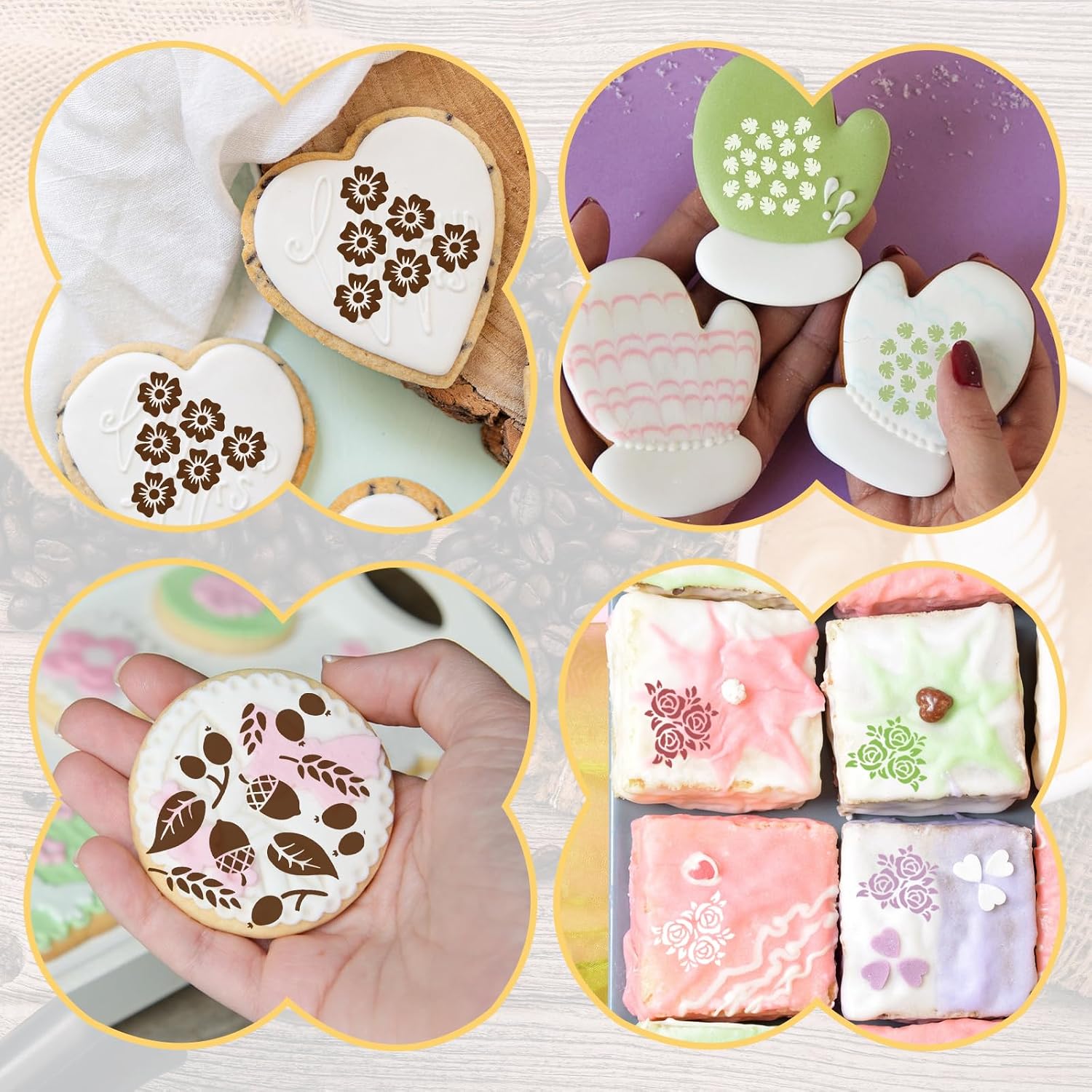 16 Pcs Cookie Stencils for Royal Icing Cookie Stencil Leaf Flower Rose Stencil Airbrush Templates Cake Stencils for Buttercream Baking Painting Dessert Coffee Decoration