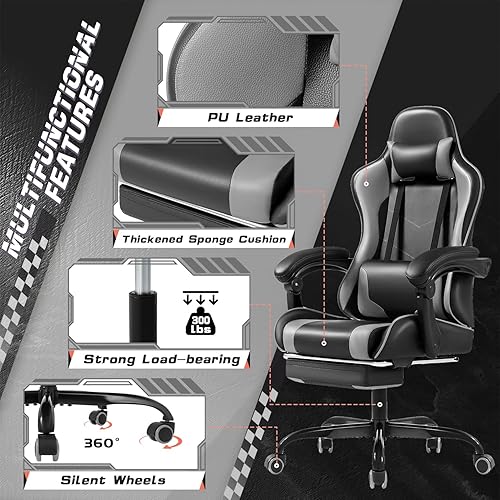 Miniatura 5 de Silla de juegos Shahoo con reposapiés y soporte lumbar de masaje, asiento de carreras de video ajustable en altura con giro de 360 y reposacabezas