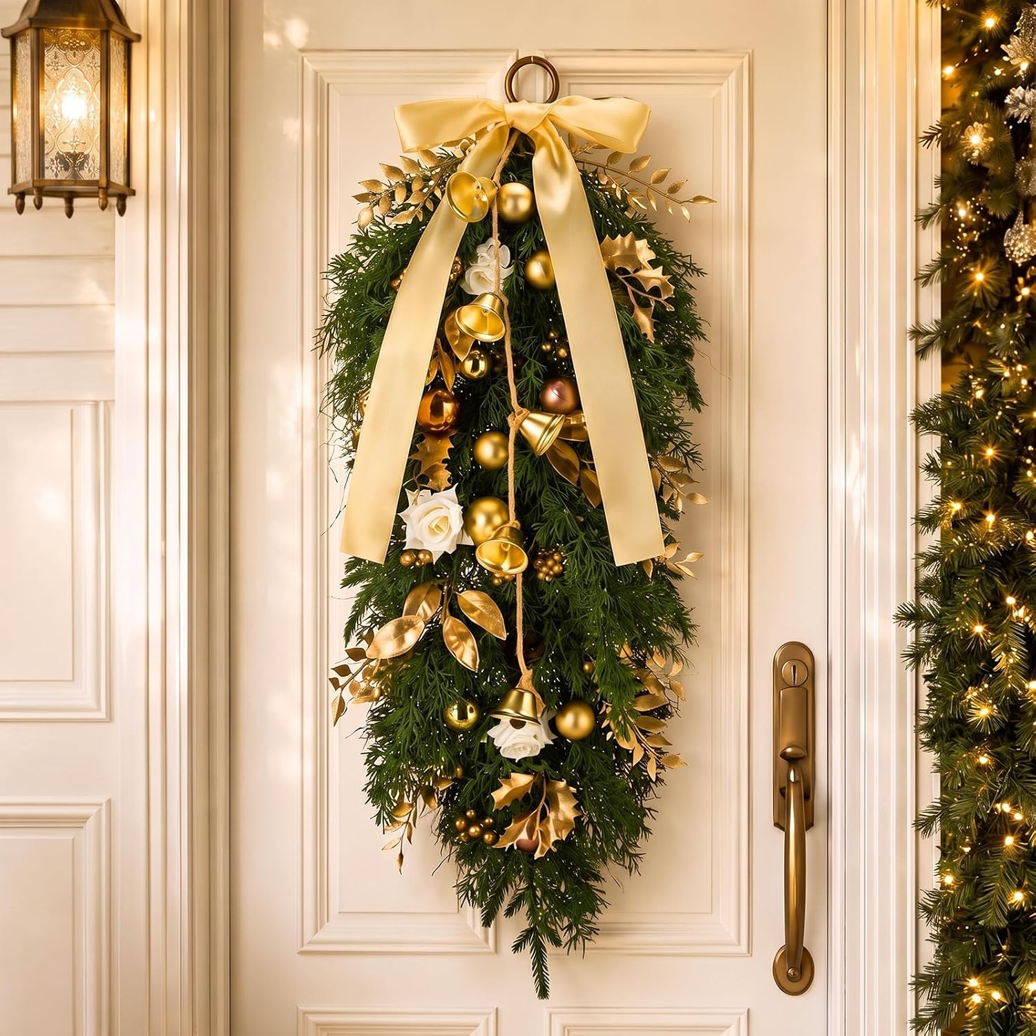 30 Inch Gold Large Christmas Teardrop Swag for Front Door with Bow and Bell