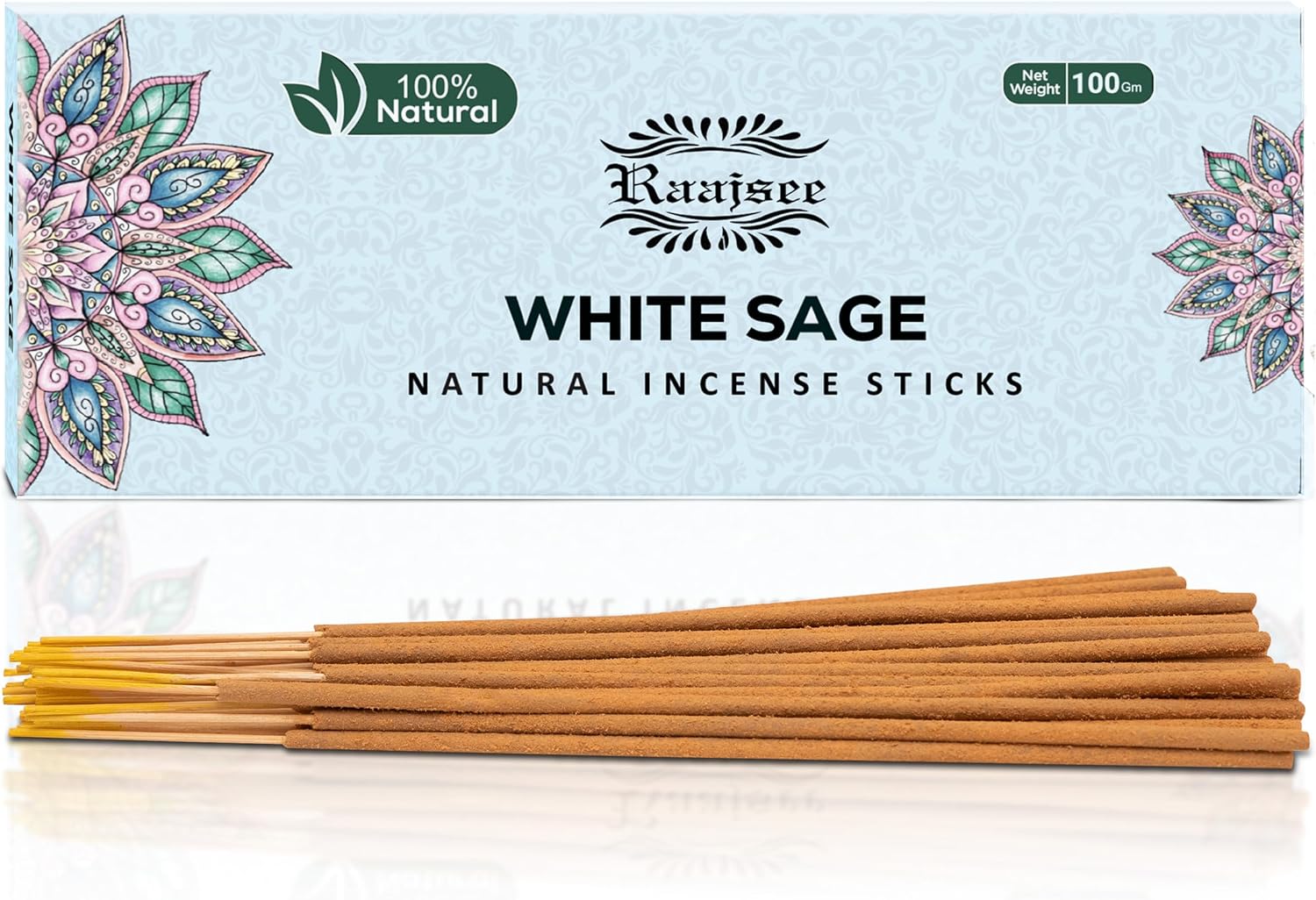 Raajsee White Sage Incense Sticks, 100%-Natural Charcoal free Organic Non Toxic Clean Burning Handmade Insence sticks 100 gm pack, Meditation Gifts   Spritual Cleansing