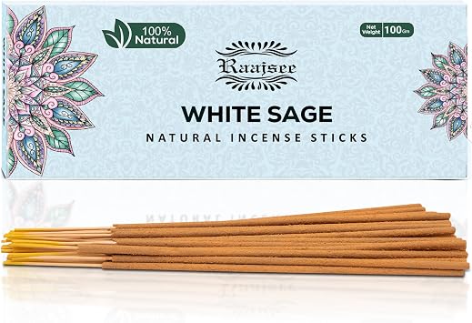 Raajsee White Sage Incense Sticks, 100%-Natural Charcoal free Organic Non Toxic Clean Burning Handmade Insence sticks 100 gm pack, Meditation Gifts   Spritual Cleansing