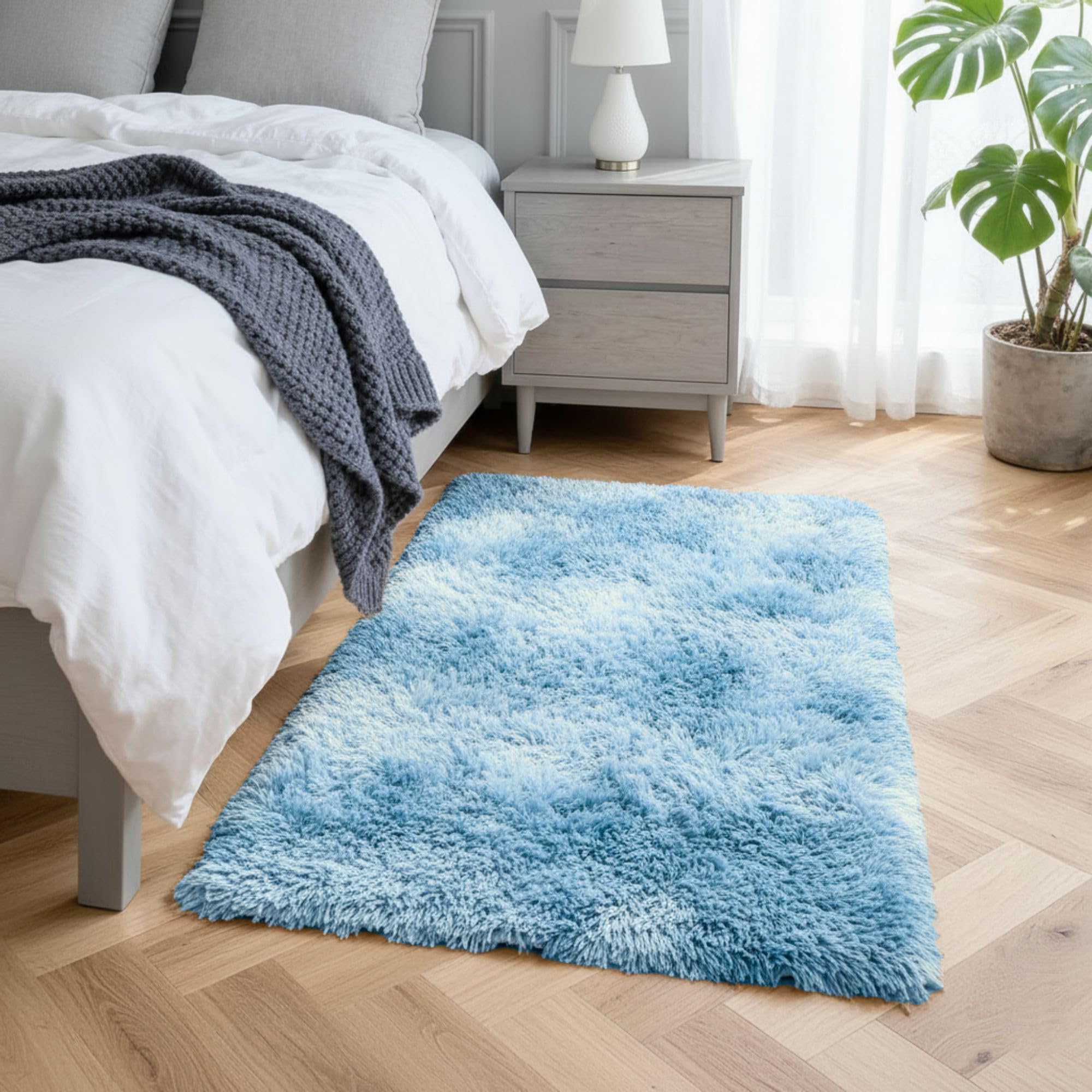 Hafaa Fluffy Shaggy Rugs Living Room Tie-Dye Teal 60x110 cm, Soft Thick Pile Carpet Bedroom, Non Slip Small Bedside Rug for Kids Nursery Room Non-Shedding