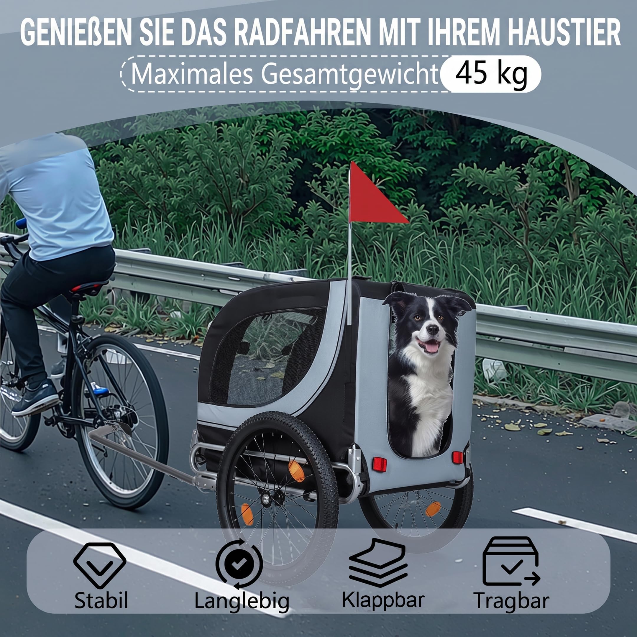 Hundeanhänger Fahrrad XL, Faltbarer Hundefahrradanhänger mit 20" Luftreifen, robuste Oxford Belüftungsfenster, Stabiler Fahrrad Anhänger mit Sicherheitsdrehkupplung, Blau