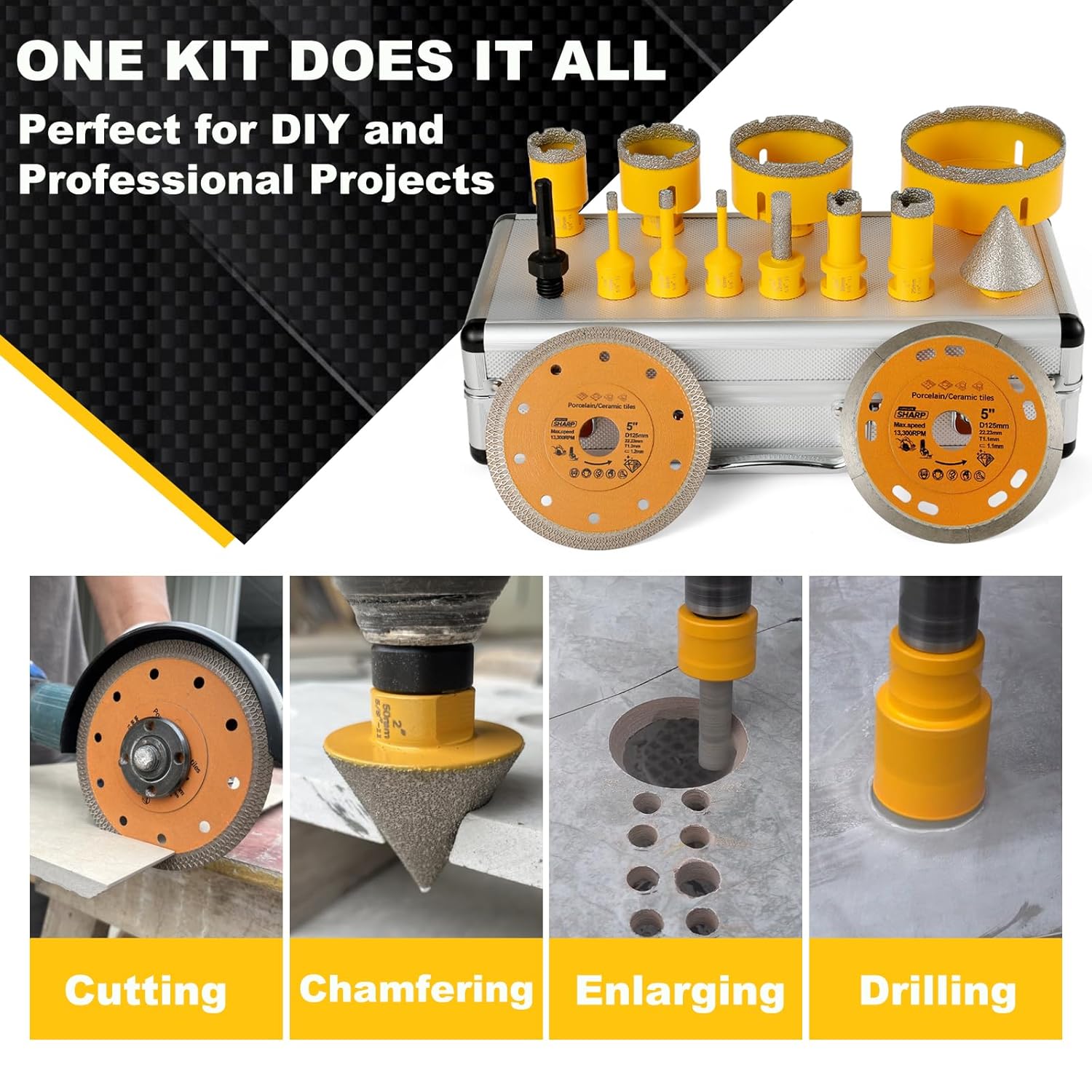 14Pcs Diamond Tile Hole Saw Kit,6/6/8/20/25/35/50/75/100MM Core Drill Bits Set with 2" Chamfer Bits and 4.9" Diamond Blades for Marble Ceramic Porcelain Tile