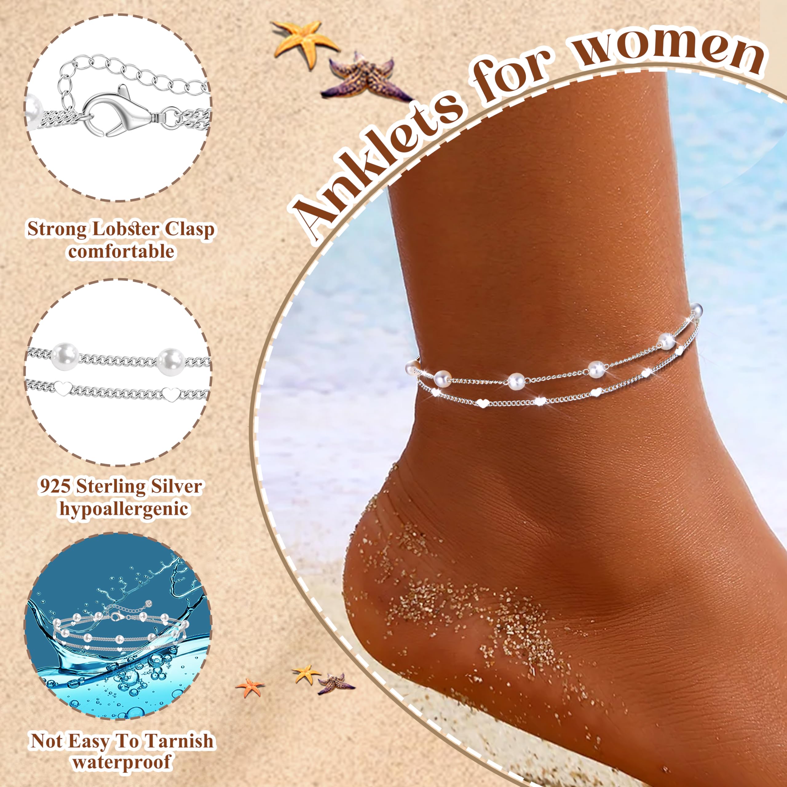 Diamday Fußkettchen für Damen Silber 925 Fussketten für Frauen Verstellbares Zierlich Fußkette Silber Perlen Funkelnd CZ Herz Stapelbare Fusskette Set Strand Schmuck Fußkettchen Damen