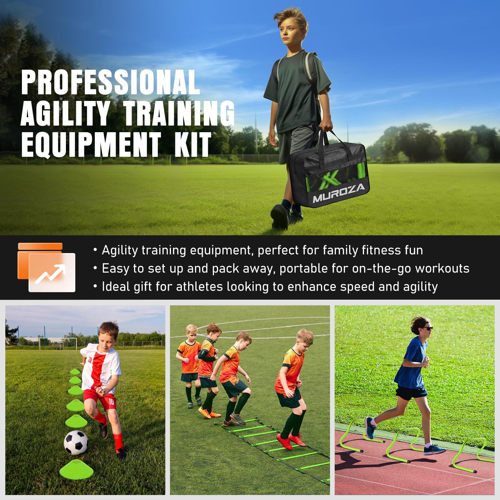 Juego de equipo de entrenamiento de velocidad de 20 pies, 12 conos de fútbol, 4 obstáculos, cuerda de saltar, paracaídas para correr, equipo de entrenamiento de fútbol para niños, jóvenes y adultos