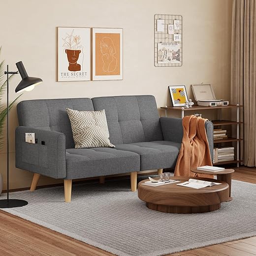 Gizoon 70.9" Futon Couch, Sofa Bed, Modern Linen Loveseat, Folding Daybed for Living Room, Bedroom, Dorm, Apart, 8 Legs, Removable Armrests, Convertible Backrest