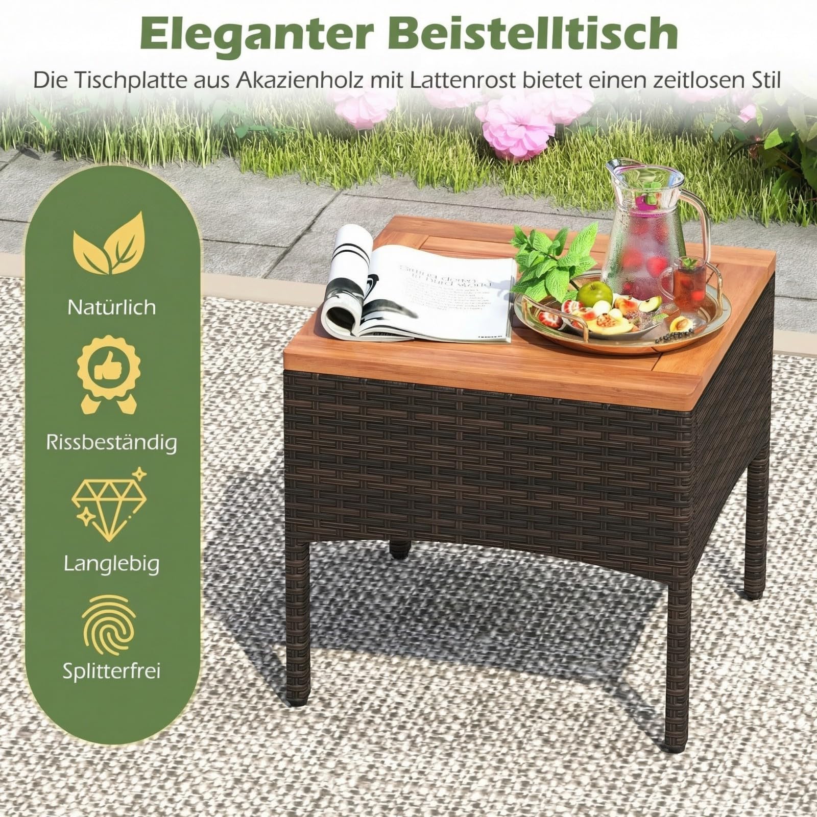 SOARS Salón de Jardín 3 Piezas, 2 Sillones de Ratán PE, Mesa de centro con bandeja de madera de acacia, Cojines acolchados extraíbles, Almohada Lumbar, Muebles para Patio, Terraza (Marr+Beige)
