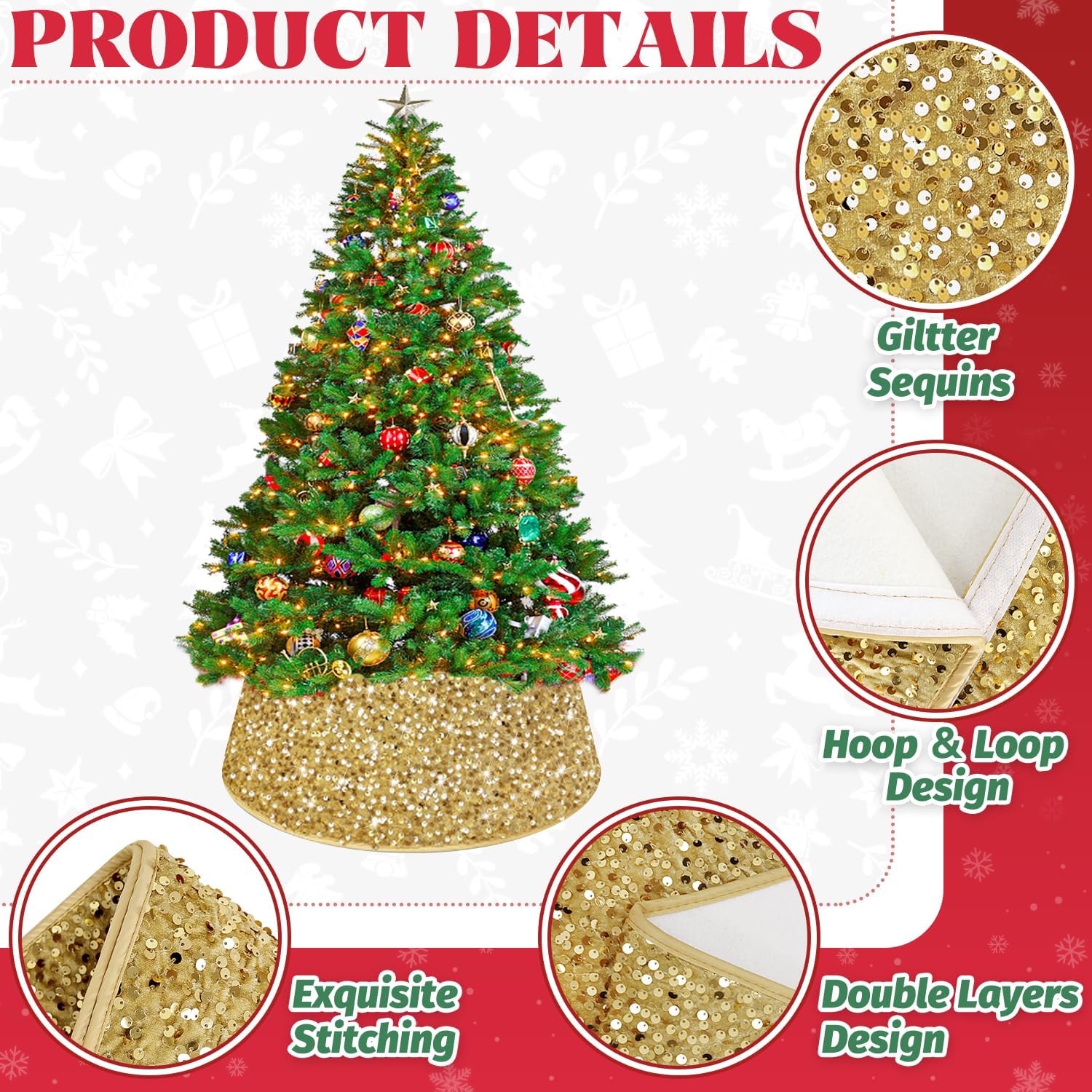 Gold Christmas Tree Collar 28.3Inch Large Tree Collars Glittery Sequin Tree Skirt for Christmas Decorations Foldable Christmas Tree Rings Round Xmas Tree Base Cover for Holiday Home Party Decor