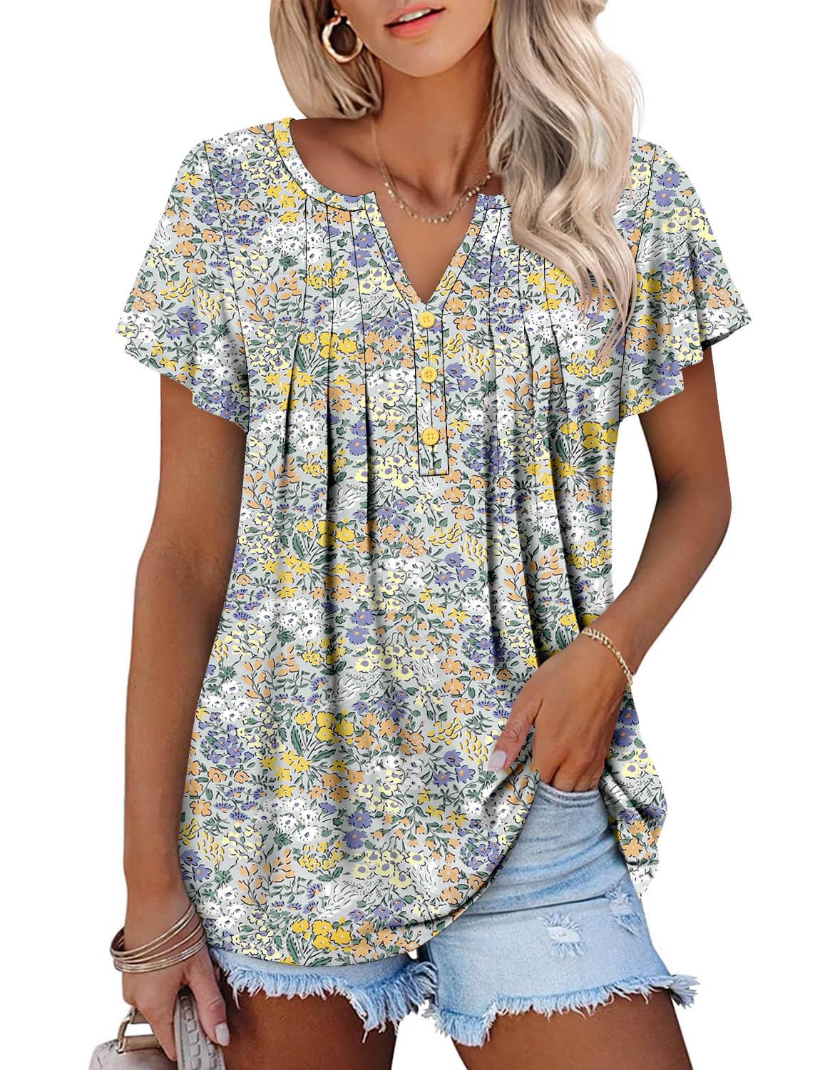 ONLYSHE Womens Short Sleeve Shirts Summer Floral Tunic Tops V Neck Blouse Loose Fit Shirts for Leggings