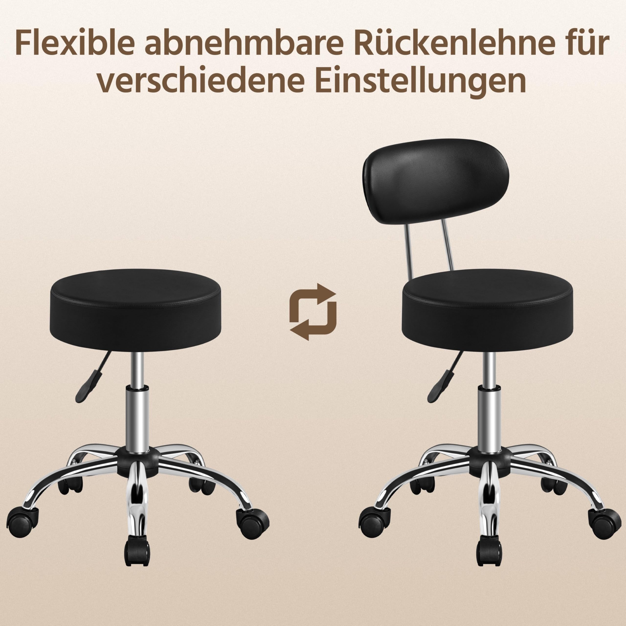 Yaheetech Rollhocker Arbeitshocker mit Rückenlehne Höhenverstellbarer 75.5-85cm,Drehhocker mit Rollen,Abnehmbare Rückenlehne,10 cm Dicke Polsterung,Schwarz