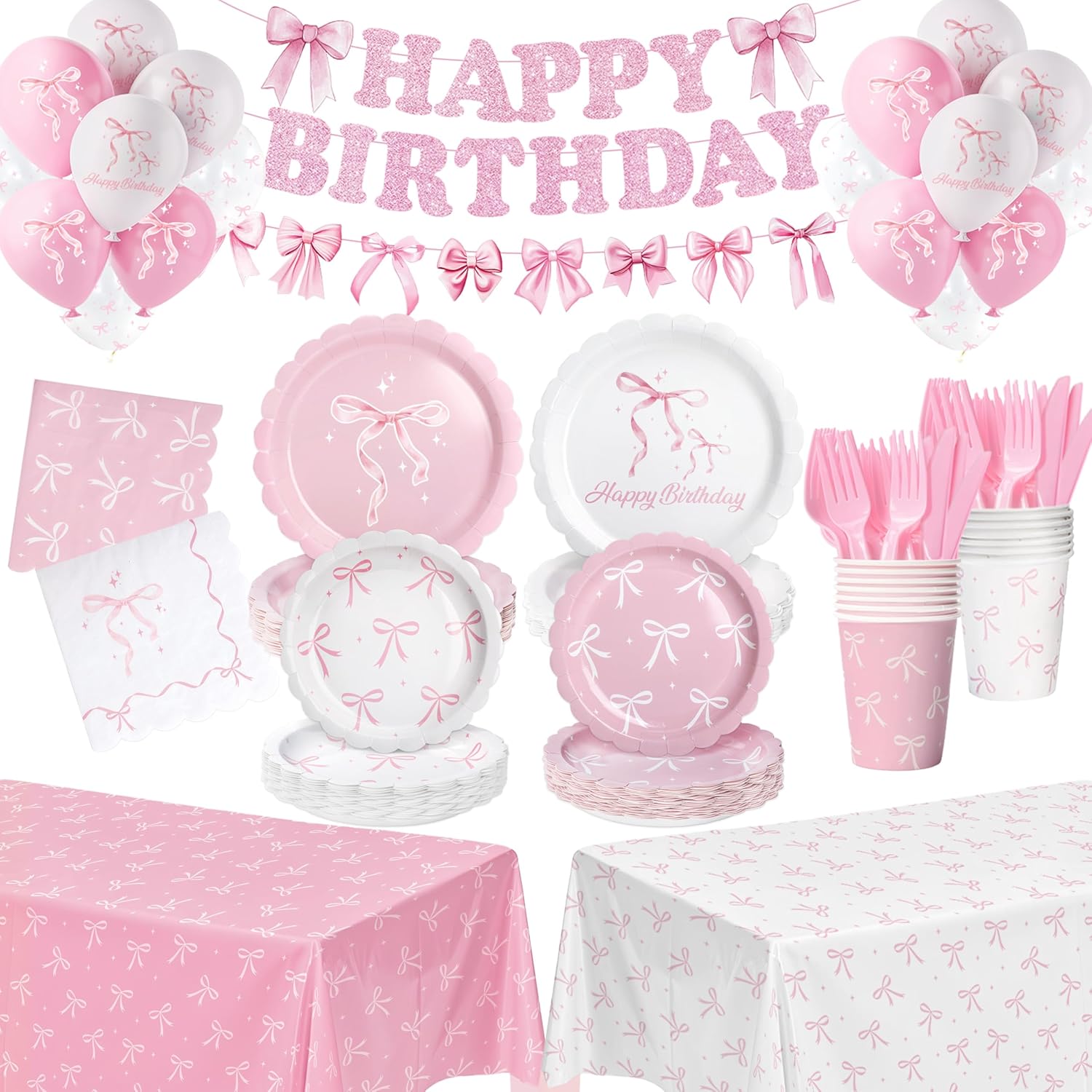 322 Pcs Pink Bow Birthday Decorations (Serves 50), Plates And Napkins Cups Knifes Forks Banner Tablecloth Balloons Bow Theme Tableware for Girls Bachelorette Party Decor