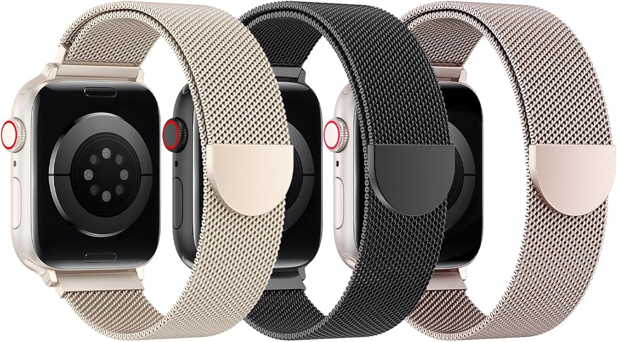 BELONGME 3 Pack Mesh Loop Compatible with Apple Watch Bands for Women Men 40mm 41mm 38mm 42mm 44mm 45mm 49mm 46mm Series 11 10 9 8 7 6 5 4 Ultra3 SE3 2, Stainless Steel Metal Magnetic Strap for iWatch