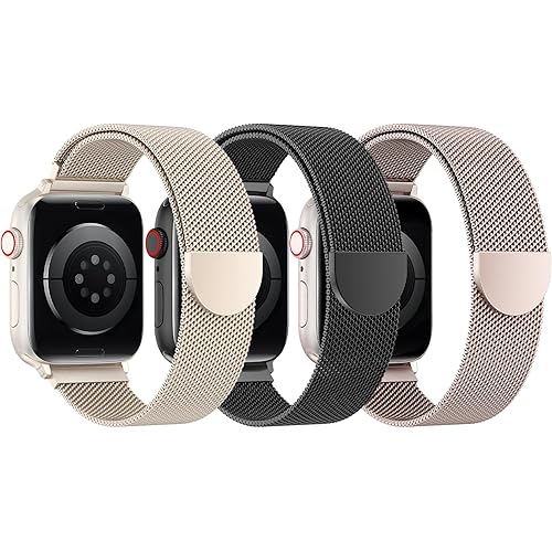 BELONGME 3 Pack Mesh Loop Compatible with Apple Watch Bands for Women Men 40mm 41mm 38mm 42mm 44mm 45mm 49mm 46mm Series 11 10 9 8 7 6 5 4 Ultra3 SE3 2, Stainless Steel Metal Magnetic Strap for iWatch