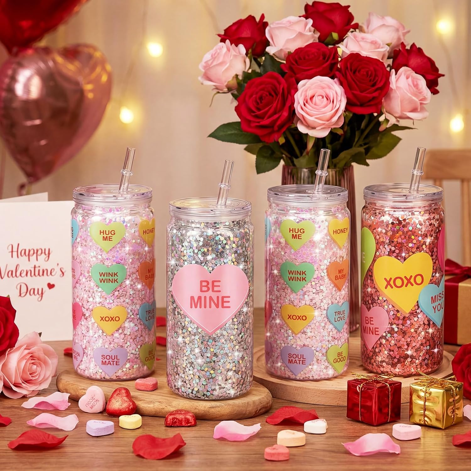 Meanplan 4 Pack Valentine's Day DIY Snow Globe Tumbler Supplies Kits, Candy Colors Love Heart UV DTF Cup Wraps 16oz Double Wall Can 7 Colors Glitter Squeeze Bottle Scraper UV Resin Flashlight Funnel - Image 4