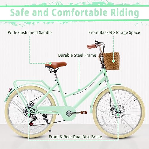 Miniatura 2 de Bicicleta para niños, bicicleta de crucero retro para niñas, 20, 24 pulgadas, 7 velocidades, bicicletas para niños de 6 a 14 años con cesta de