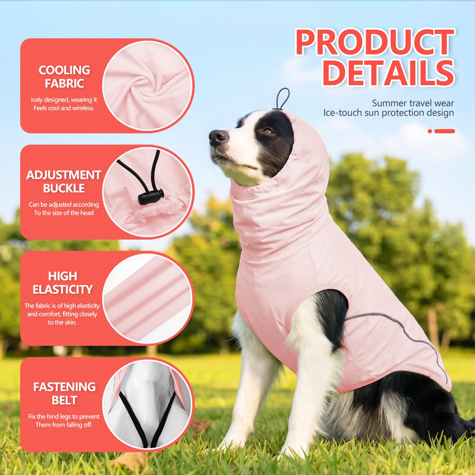 Kühlender Hunde-Kapuzenpullover, atmungsaktiv, Eisseide, Sommerweste mit verstellbarem Hals, reflektierenden Streifen und Beingurten, leichtes Haustier-Shirt für kleine, mittelgroße und große