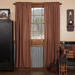 VHC Brands Patriotic Patch Plaid Cotton Primitive Curtains Rod Pocket Tie Back(s) Panel Pair, of King, Deep Red