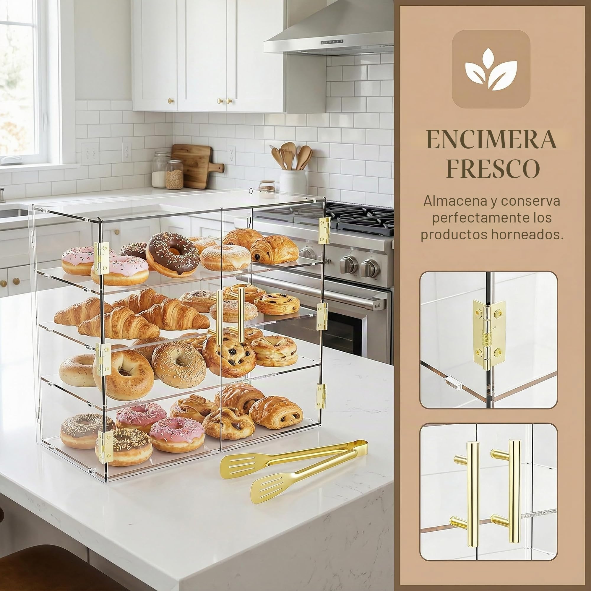 Vitrina de panadería de 4 niveles con puerta automática elástica, 19.5" x 19.69" x 10.3" caja de exhibición de acrílico transparente para repostería, vitrina de mostrador, gabinete de