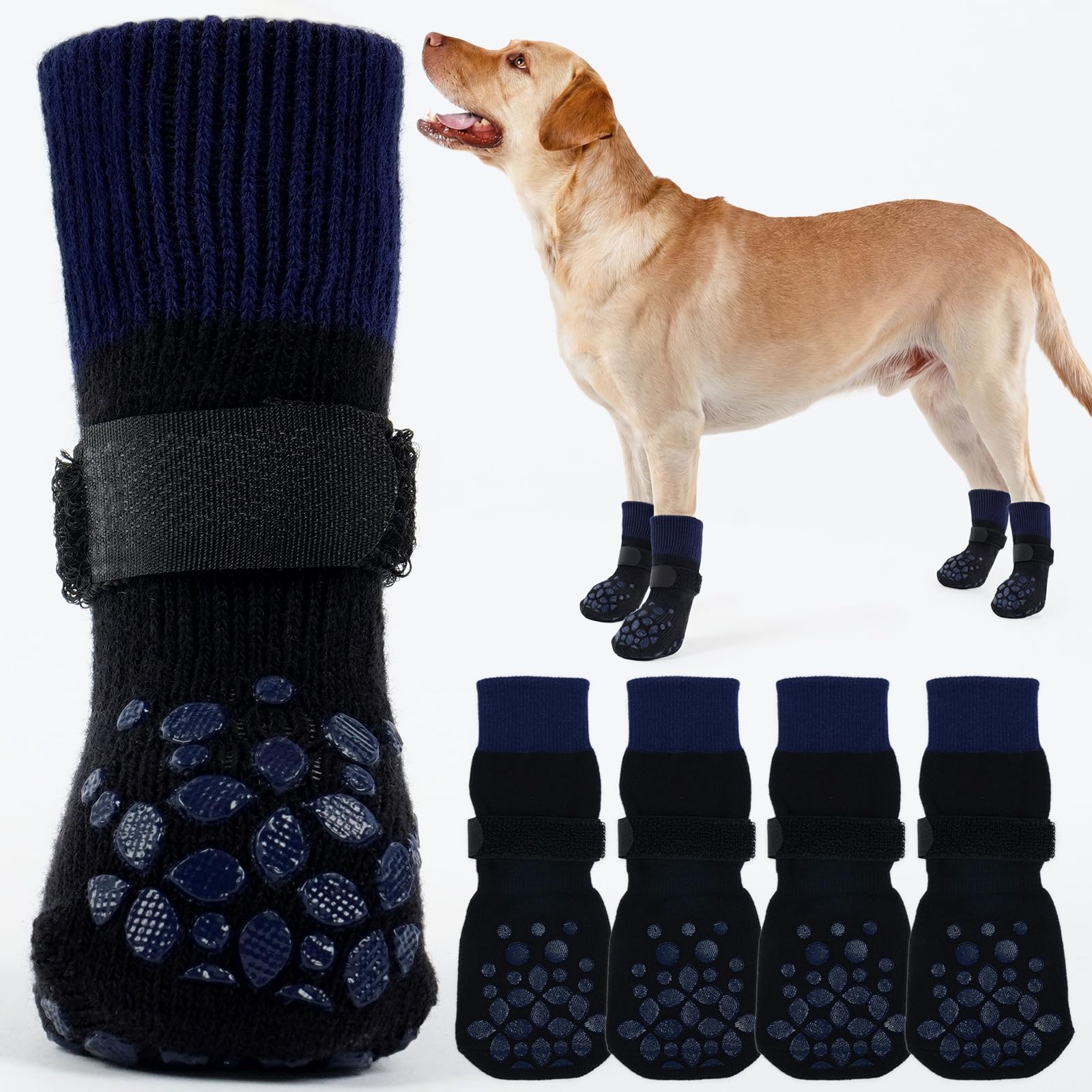 ROZKITCH 2 Pairs Dog Paw Protectors, Gripper Socks for Hardwood Floors Paw Bandage Long Dog Socks Paw Wound Cover with Grips &amp; Adjustable Straps for Corgi, Schnauzer Blue L