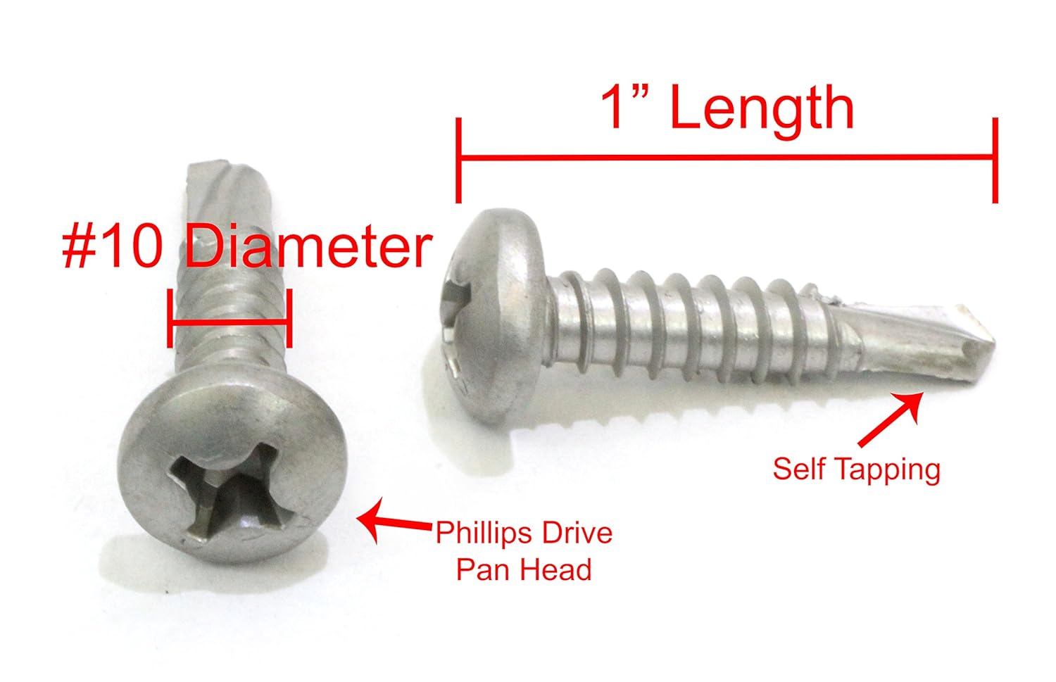 Bolt Dropper 10 x 1 Self Tapping Stainless Steel Metal Screw, (100 Set) Phillips Pan Head Self Drilling, 410 SS, Corrosion Resistant Choose Size