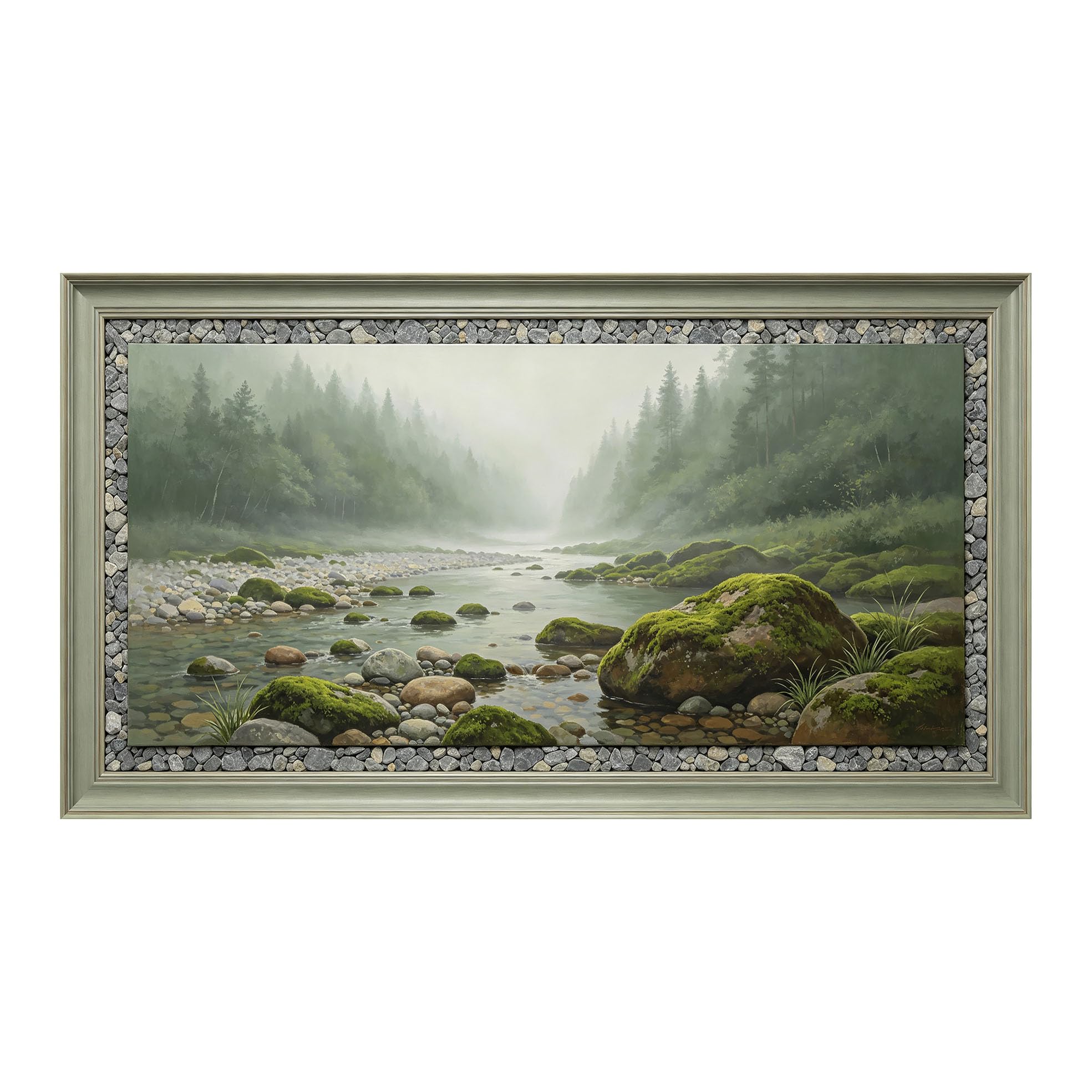 Yzpallescene 3D Framed Wall Art 50cm×100cm Misty Mountain River Waterfall Panoramic Realistic Oil Painting Large Size SelfAdhesive Removable Wall Decor Prints Artwork for Living Room Bedroom Office