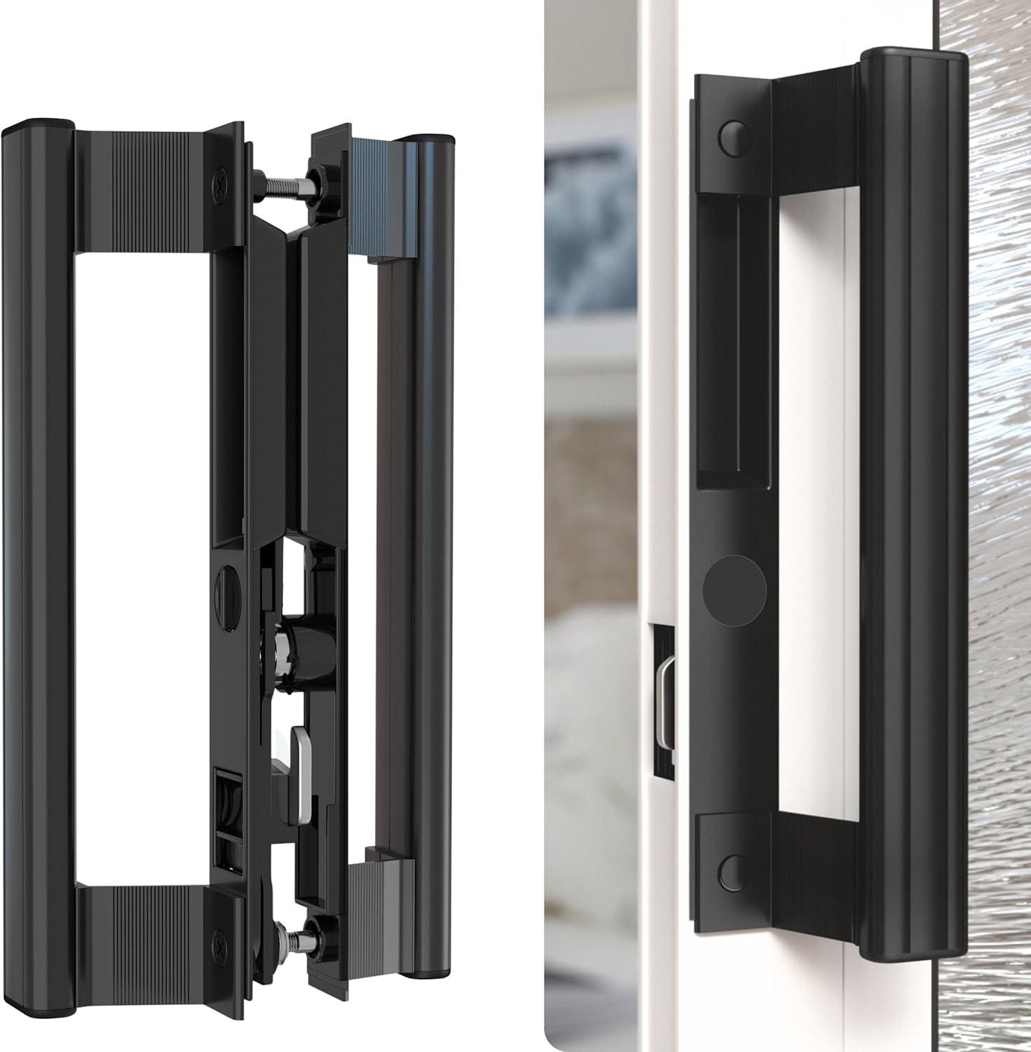 Sliding Glass Door Handle Set with Interior and Exterior Handles, 6-5/8", Fits 1" to 1-1/8" Thick Doors. (Black - Long Leg, Straight Tube Handle with Key)