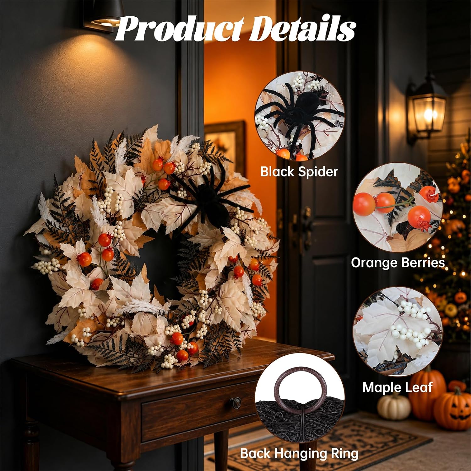 26" Halloween Wreath for Front Door with Spider, Maple Leaf