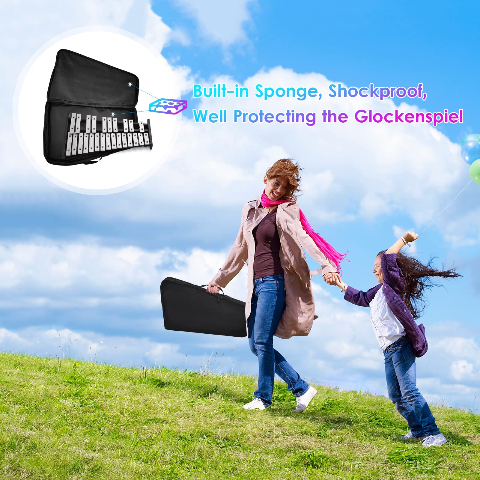 Fafeicy 25 Note Glockenspiel Xylophone Plaques en Aluminium avec Base en Bois et Sac à Fermeture éclair Noms de Notes Gravées pour les Adultes pour Débutants Lover Musical