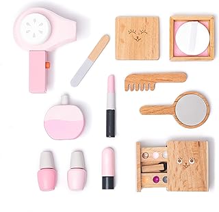 umu Wooden Beauty Salon Toys for Girls Makeup Playset 12 Piece Kit with Makeup, Brush, Mirror and Cosmetics Case for 3, 4 and 5 Olds
