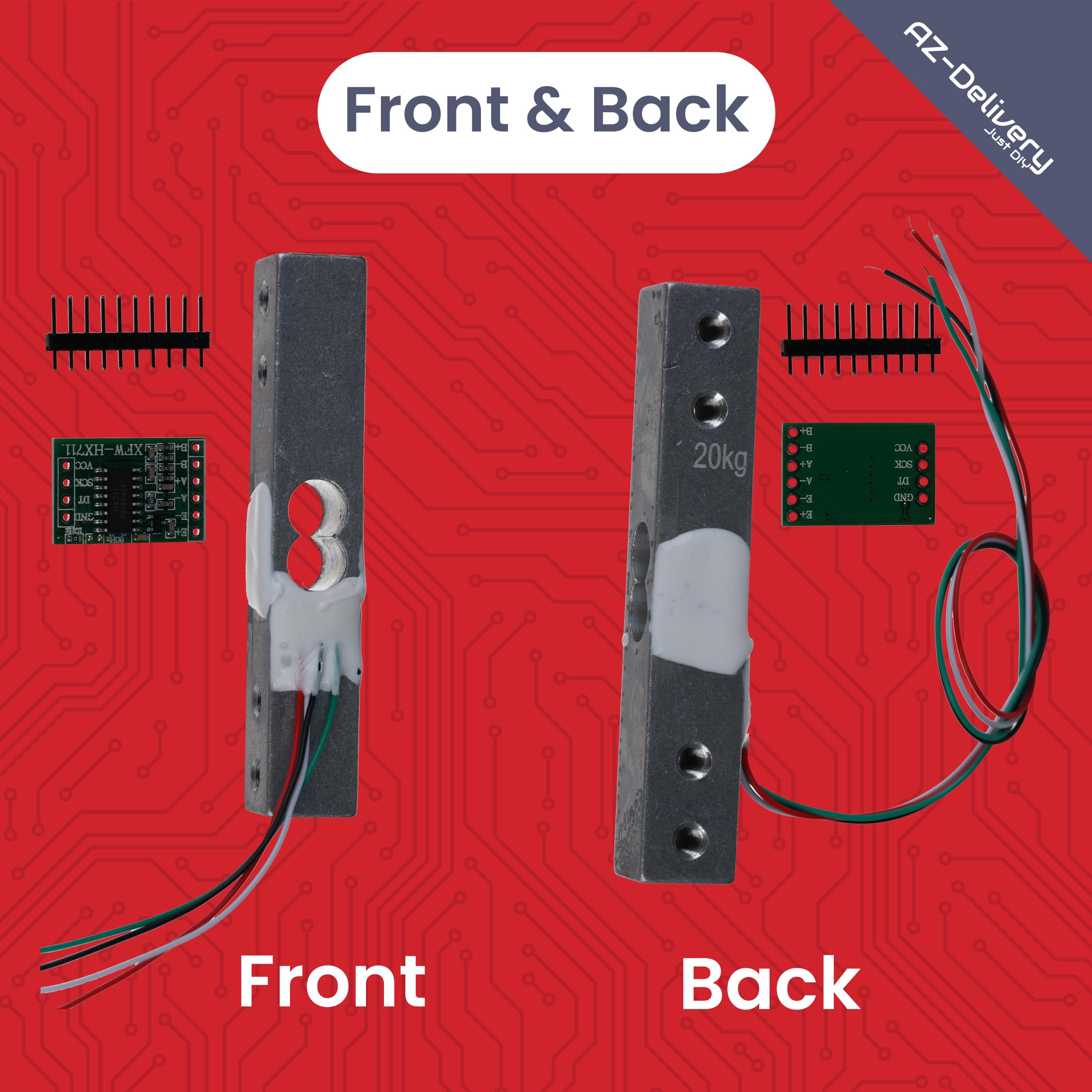 AZDelivery 5x Wägezelle 20 kg mit HX711 Modul – Präzisionssensor zur Gewichtsmessung kompatibel mit Arduino & Raspberry Pi – Set inkl. Verstärker-ADC zur Kraftmessung