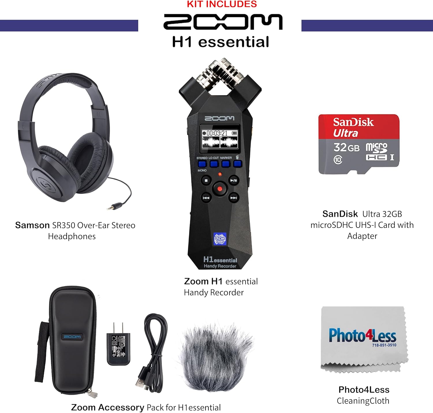 Zoom H1essential Stereo Recorder with 32-Bit Float, USB Microphone, Bundle with Zoom Accessory Pack for H1essential, Over-Ear Stereo Headphones, 32GB microSD Card