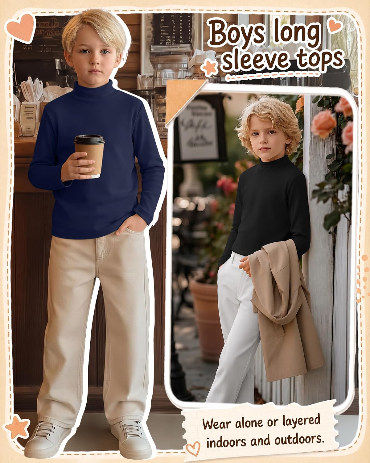 3 Pack Boys Mock Turtlrneck Long Sleeve Shirts Loose Fit Mock Neck Soft Tops Kids Solid Casual Warm Shirts