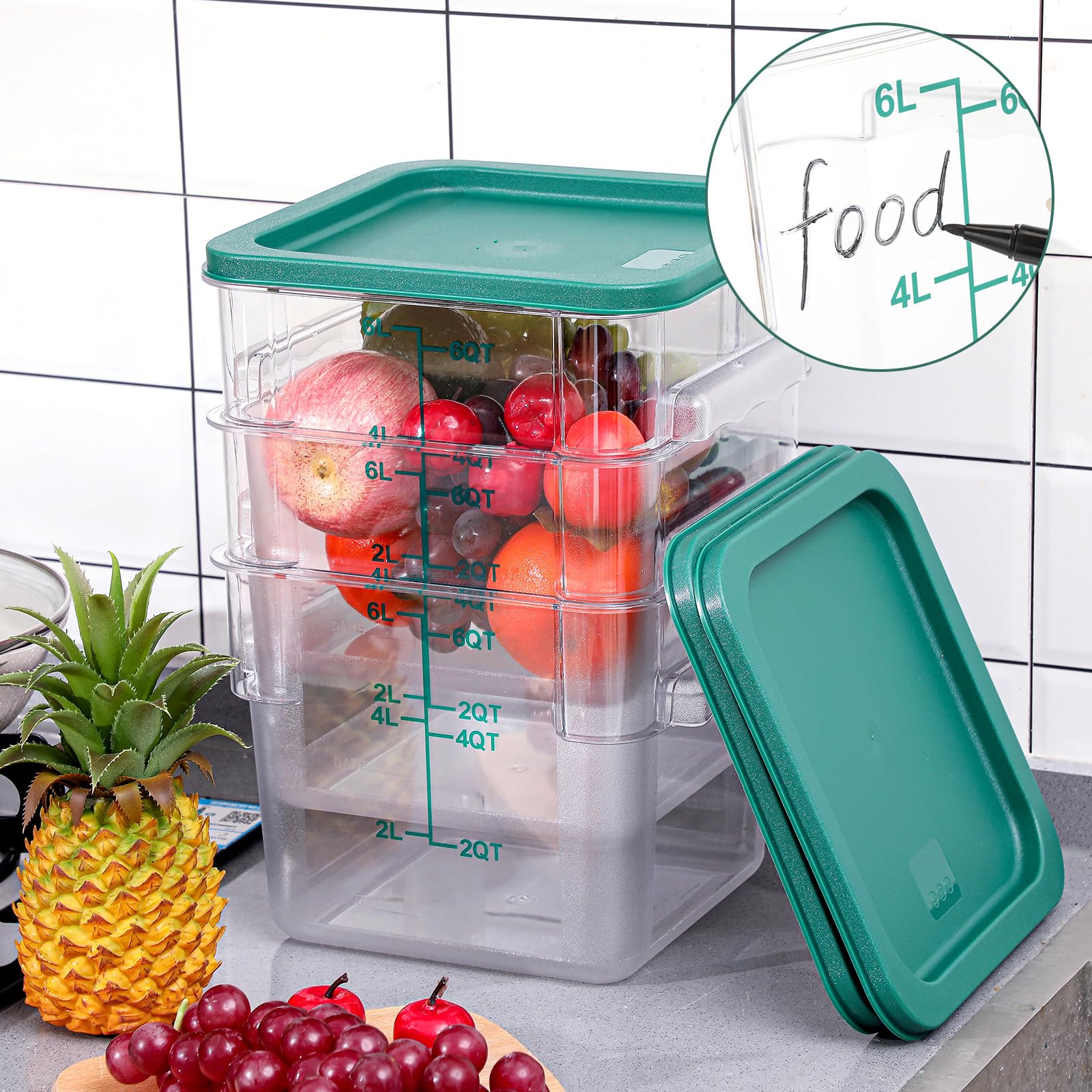 Ziliny 3 juegos de recipientes cuadrados de almacenamiento de alimentos de 6 cuartos de galón con tapas, recipientes comerciales de policarbonato con escala, cereales herméticos transparentes para