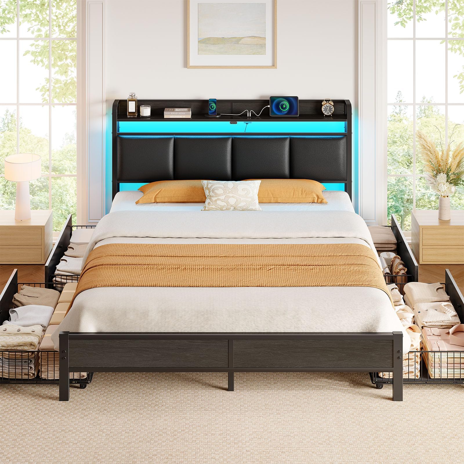 Rolanstar Bed Frame Full Size with Charging Station and LED Lights, Upholstered Storage Headboard with Drawers, Heavy Duty Metal Slats, No Box Spring Needed, Easy Assembly, Black