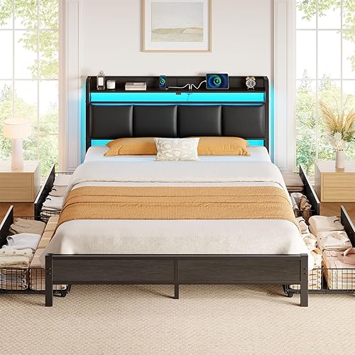 Miniatura 9 de Rolanstar Base de cama tamaño Queen con estación de carga y luces LED, cabecera de almacenamiento tapizada con cajones, listones de metal Gris