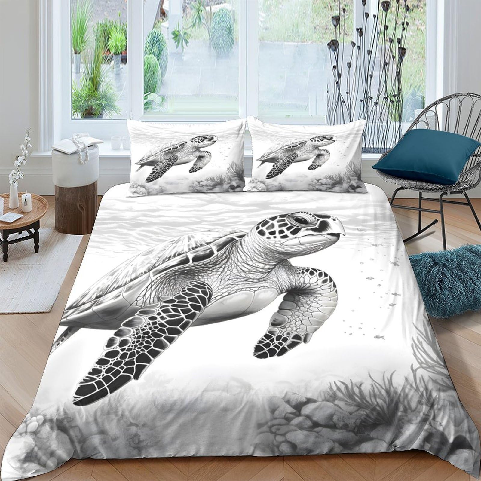 P5V6M1Q9 3D Printed Sea Turtle Duvet Cover Set Microfiber Soft Breathable Ocean Life Quilt Cover with 2 Pillowcases for Bedroom Decor Single（135x200cm）